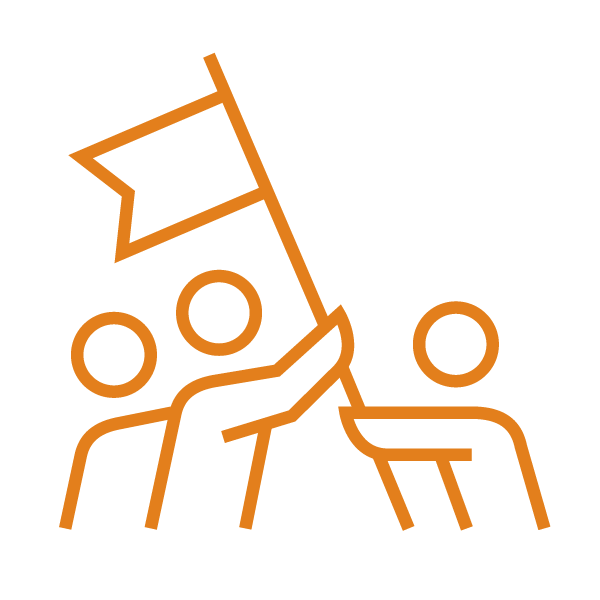 Three people working together to raise a flag